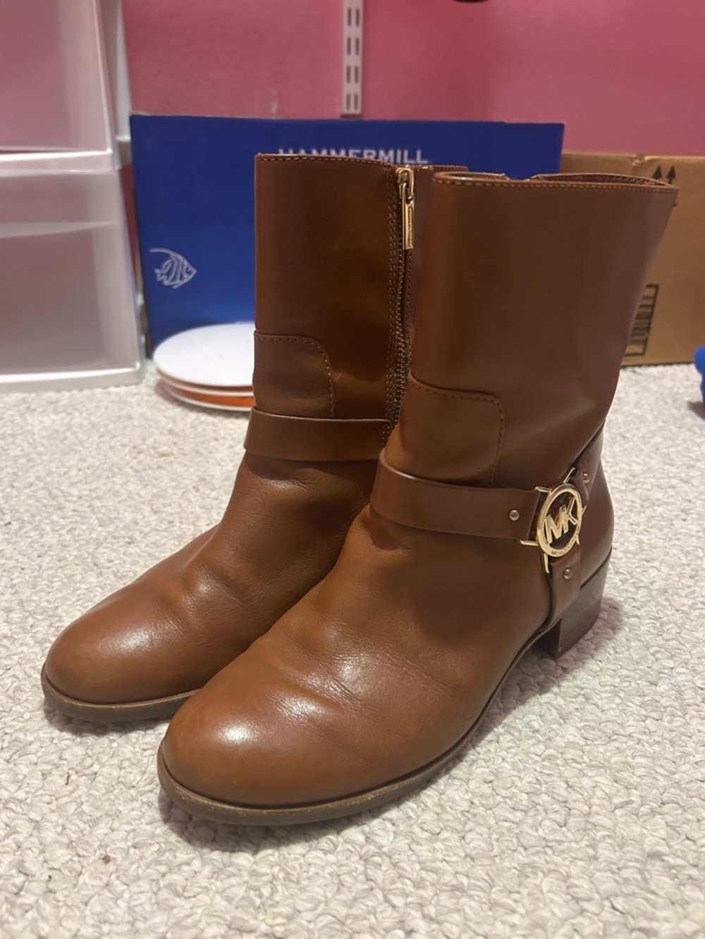 Michael Kors Chestnut Brown Leather Ankle Boots with Gold MK Logo